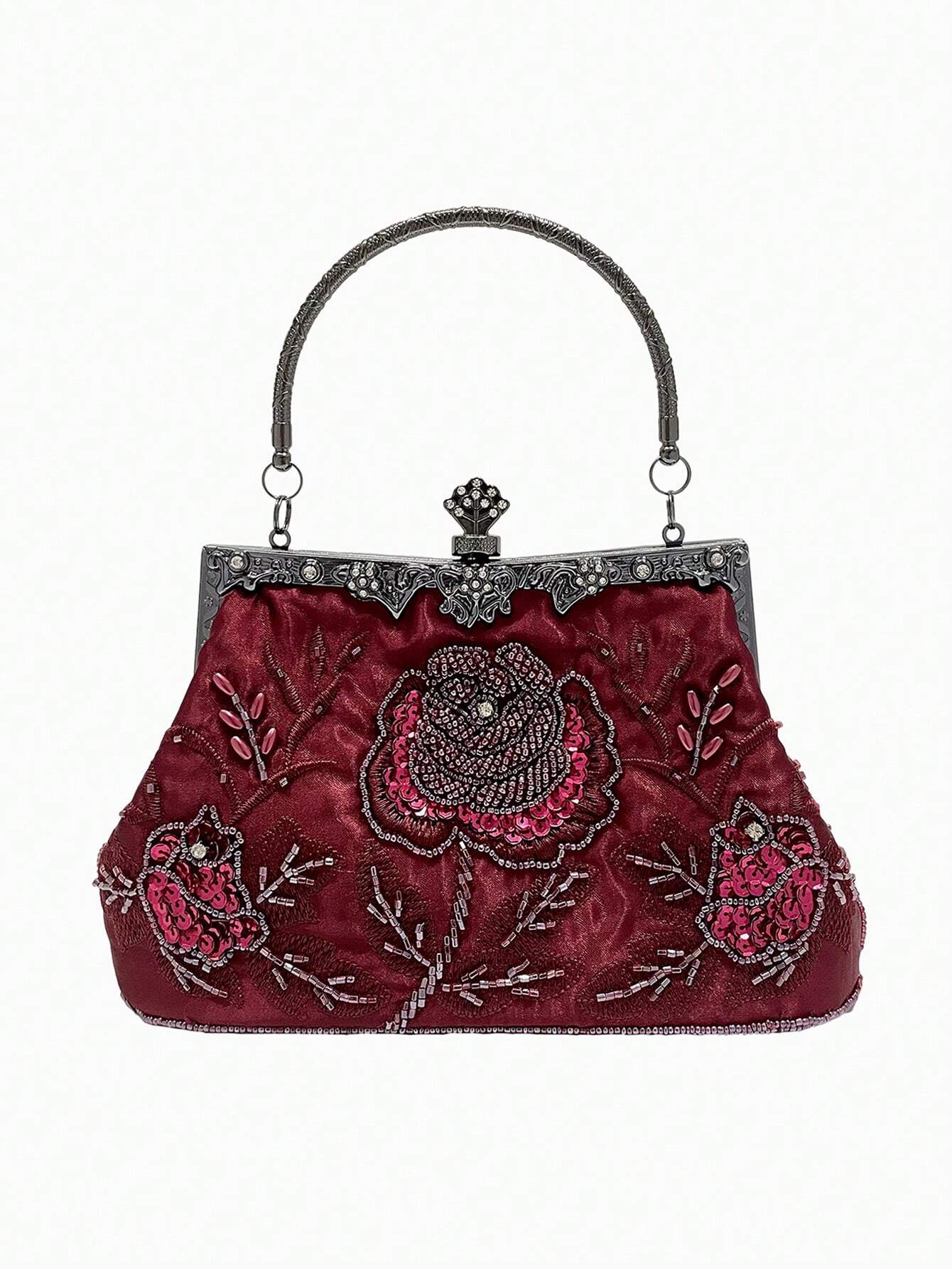 Gothic Burgundy Rose Embroidered Beaded Evening Clutch Bag Luxury