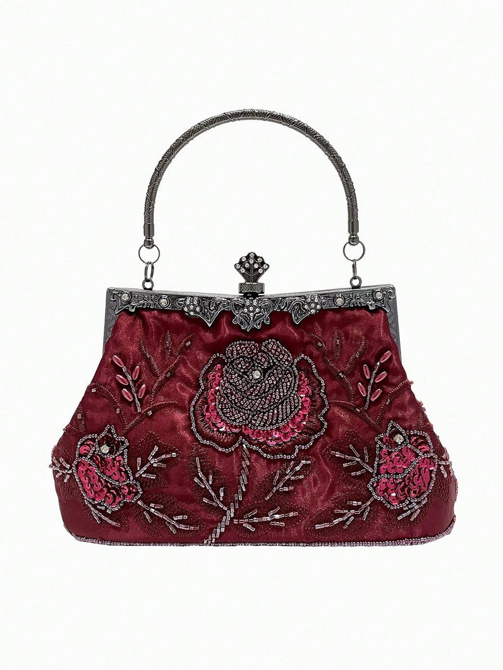 Gothic Burgundy Rose Embroidered Beaded Evening Clutch Bag Luxury