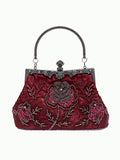 Gothic Burgundy Rose Embroidered Beaded Evening Clutch Bag Luxury