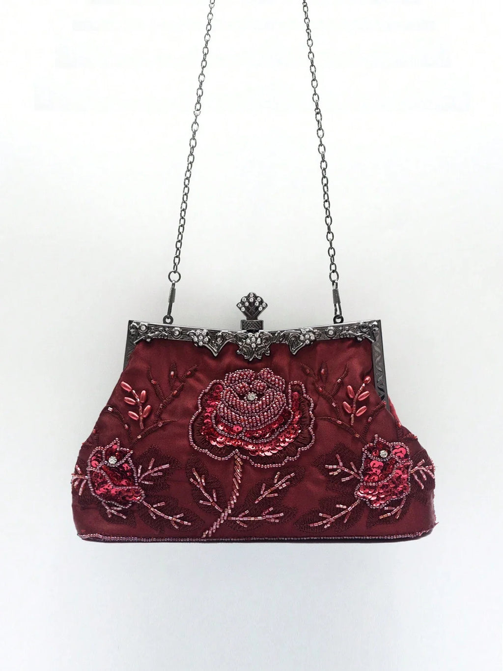 Gothic Burgundy Rose Embroidered Beaded Evening Clutch Bag Luxury