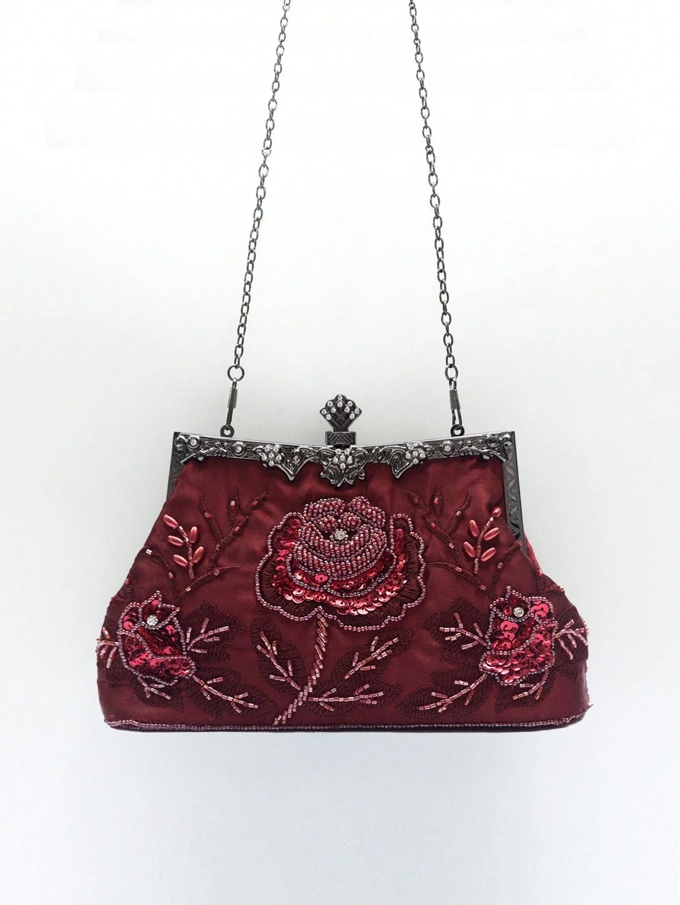 Gothic Burgundy Rose Embroidered Beaded Evening Clutch Bag Luxury