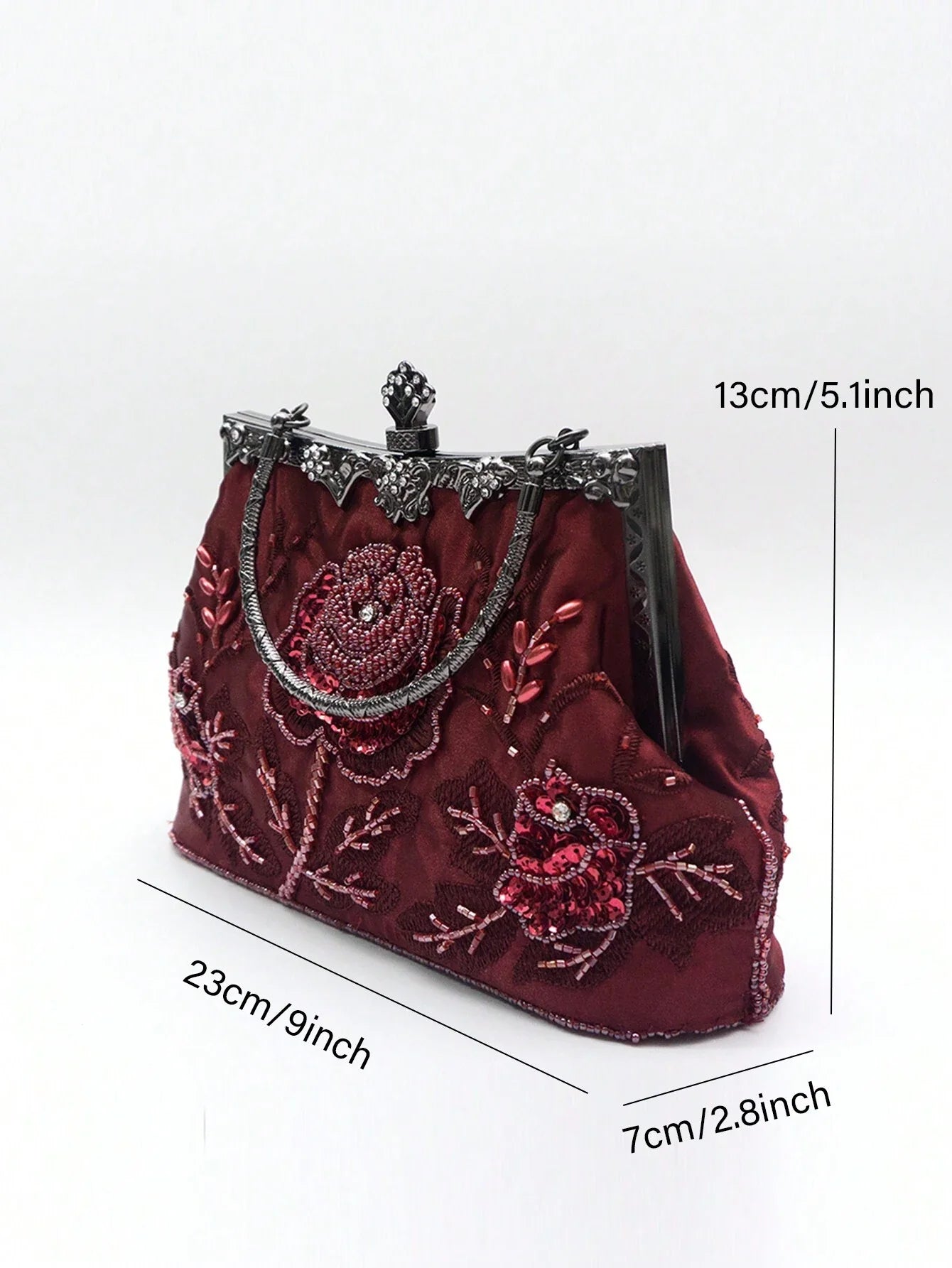 Gothic Burgundy Rose Embroidered Beaded Evening Clutch Bag Luxury