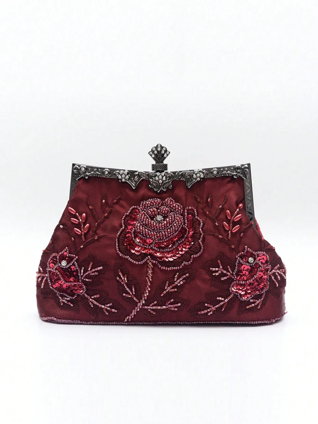Gothic Burgundy Rose Embroidered Beaded Evening Clutch Bag Luxury