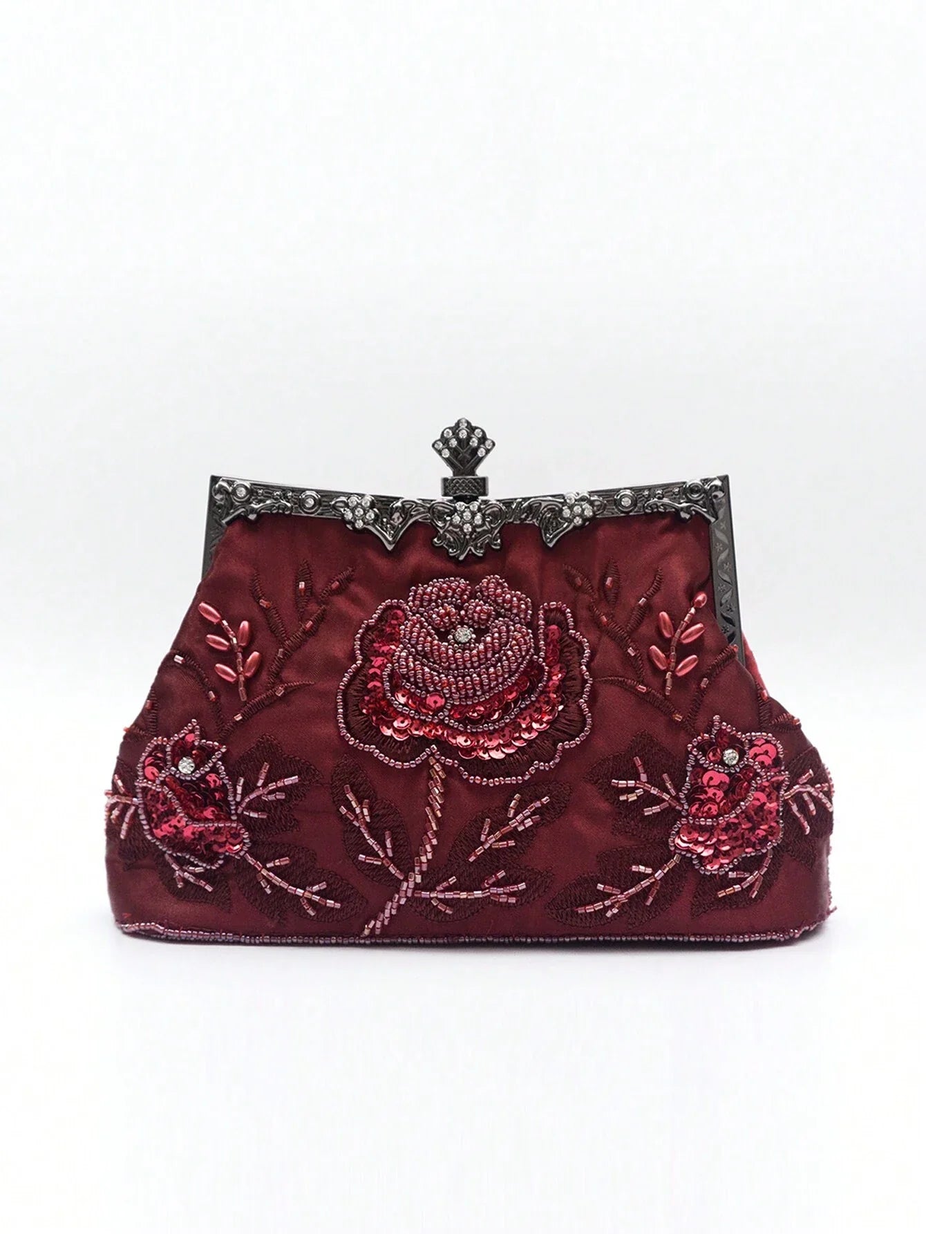 Gothic Burgundy Rose Embroidered Beaded Evening Clutch Bag Luxury
