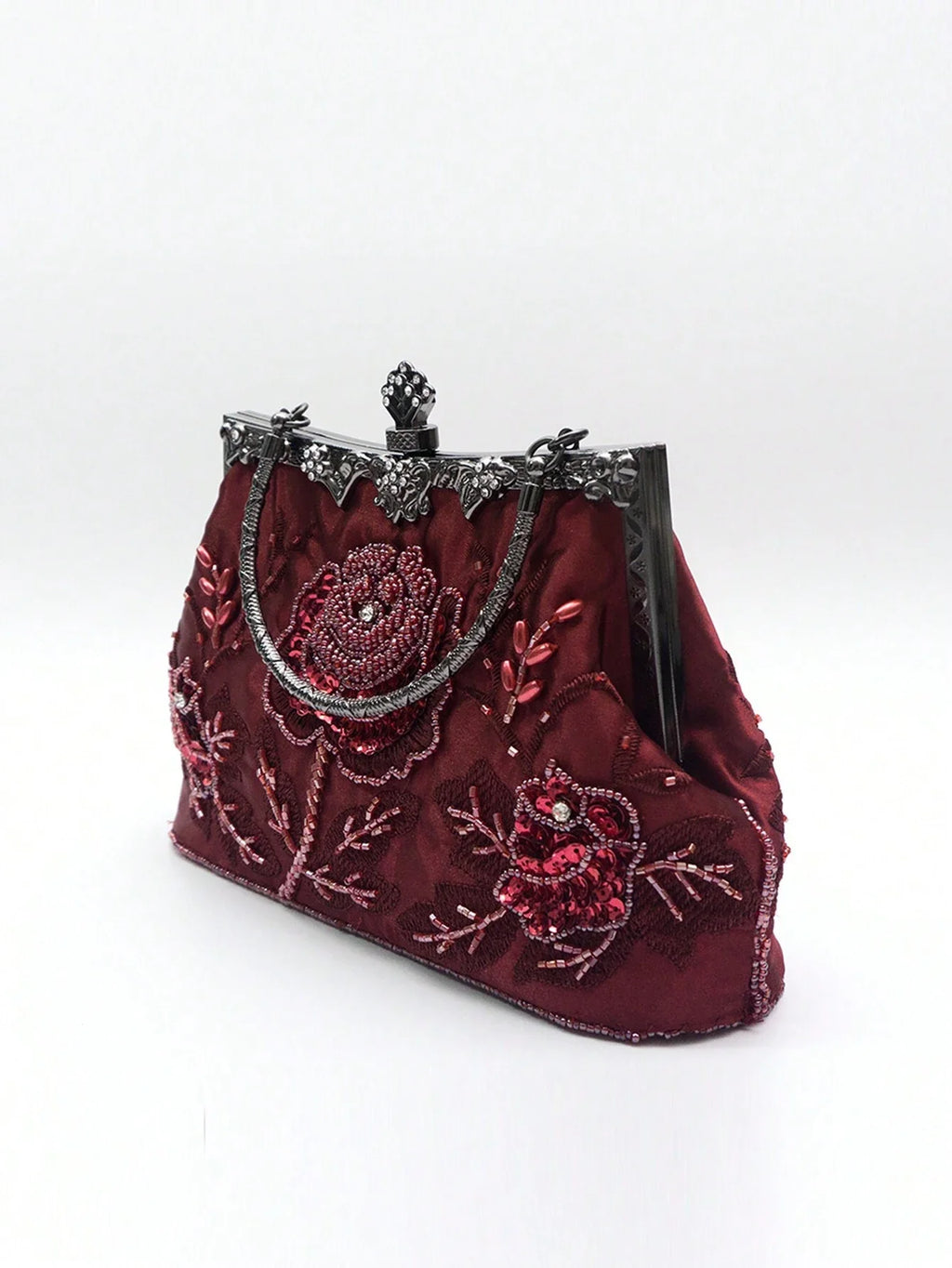 Gothic Burgundy Rose Embroidered Beaded Evening Clutch Bag Luxury