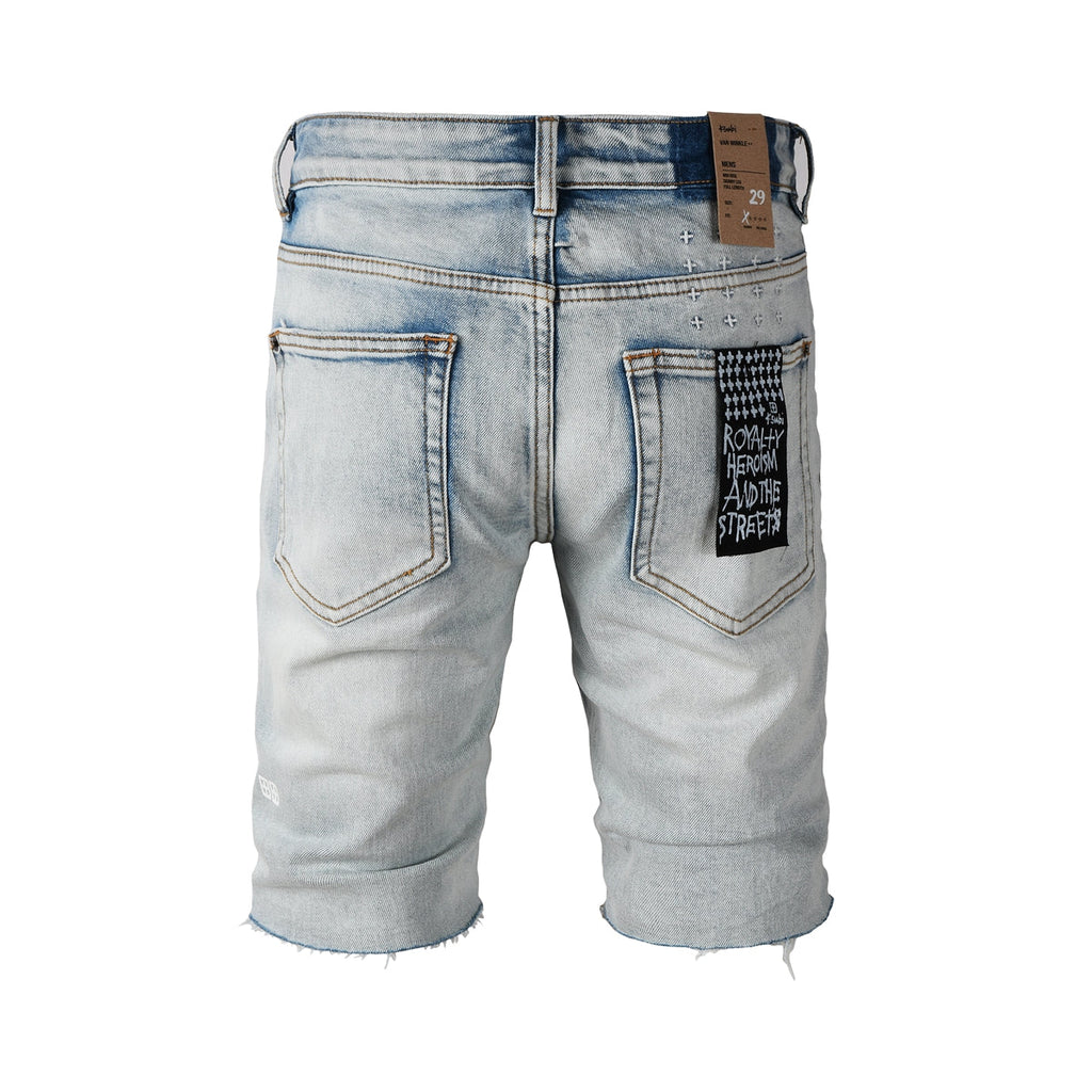 Purple Jeans Men Streetwear Denim Shorts Light Blue Washed with Raw Hem and Graphic Patch Back Pocket 2001