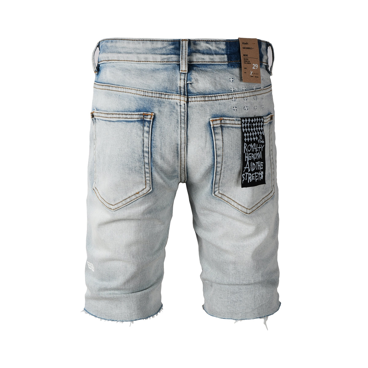 Purple Jeans Men Streetwear Denim Shorts Light Blue Washed with Raw Hem and Graphic Patch Back Pocket 2001