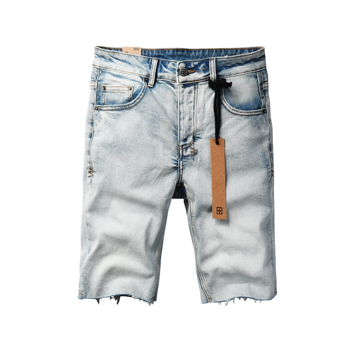 Purple Jeans Men Streetwear Denim Shorts Light Blue Washed with Raw Hem and Graphic Patch Back Pocket 2001