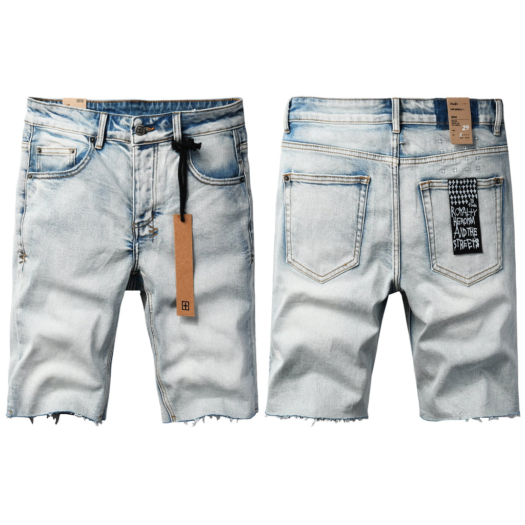 Purple Jeans Men Streetwear Denim Shorts Light Blue Washed with Raw Hem and Graphic Patch Back Pocket 2001