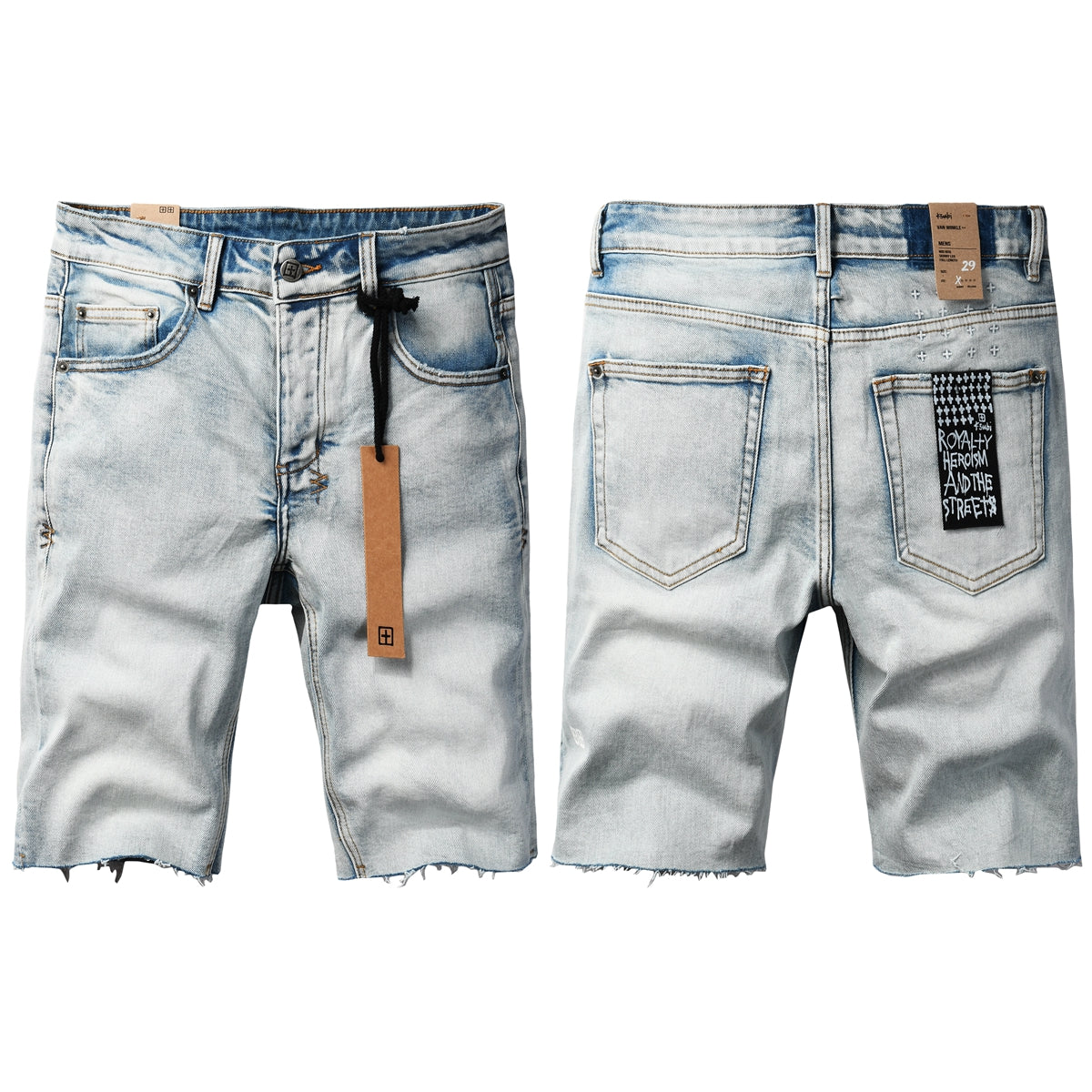 Purple Jeans Men Streetwear Denim Shorts Light Blue Washed with Raw Hem and Graphic Patch Back Pocket 2001