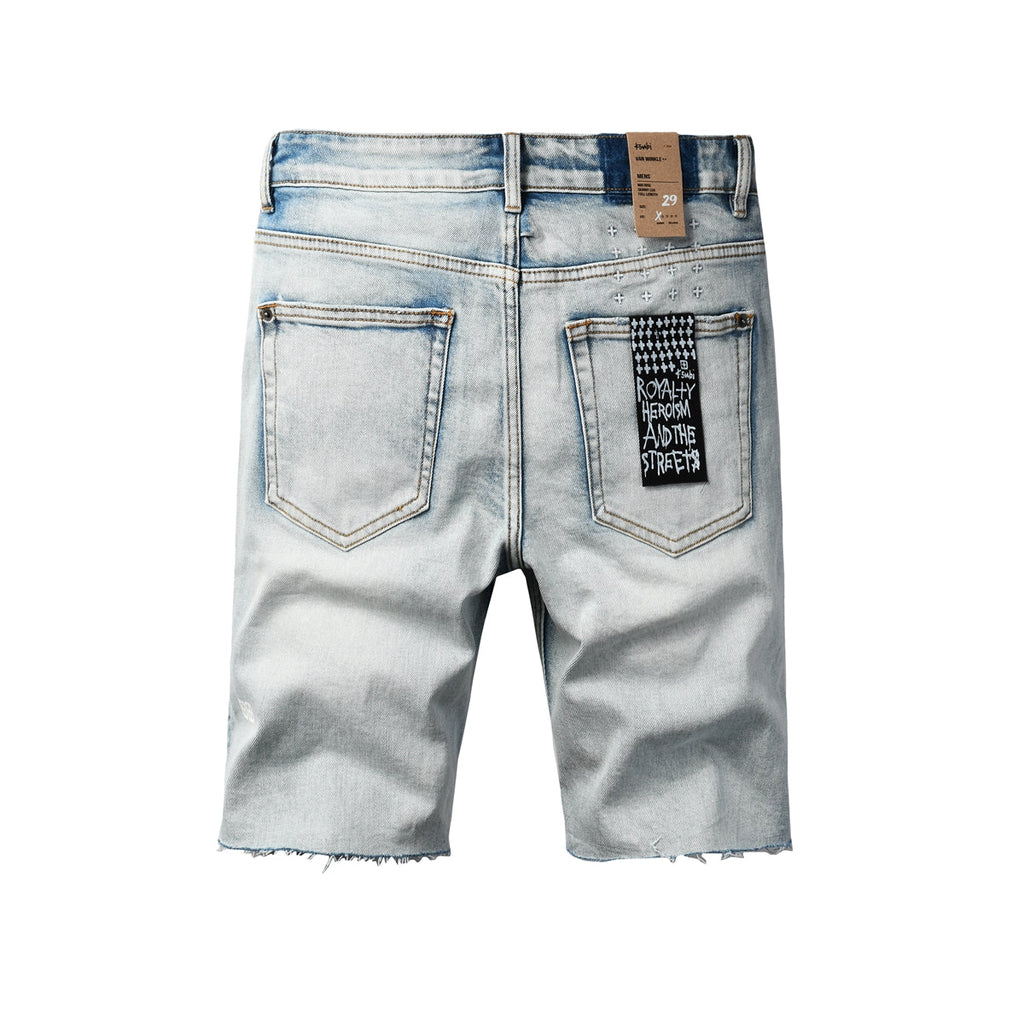 Purple Jeans Men Streetwear Denim Shorts Light Blue Washed with Raw Hem and Graphic Patch Back Pocket 2001