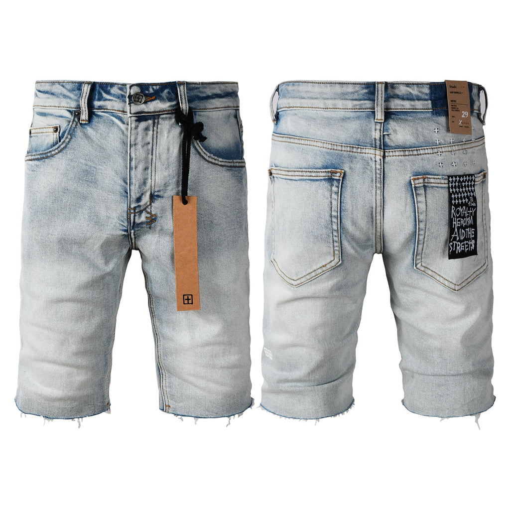 Purple Jeans Men Streetwear Denim Shorts Light Blue Washed with Raw Hem and Graphic Patch Back Pocket 2001
