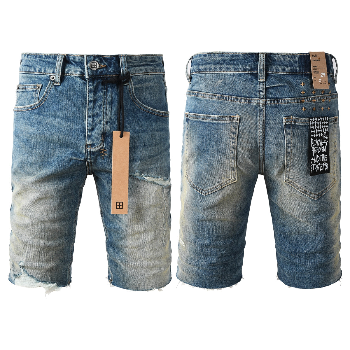 Purple Jeans Men Streetwear Denim Shorts Blue Washed with Ripped Detail Raw Hem and Graphic Patch 2002