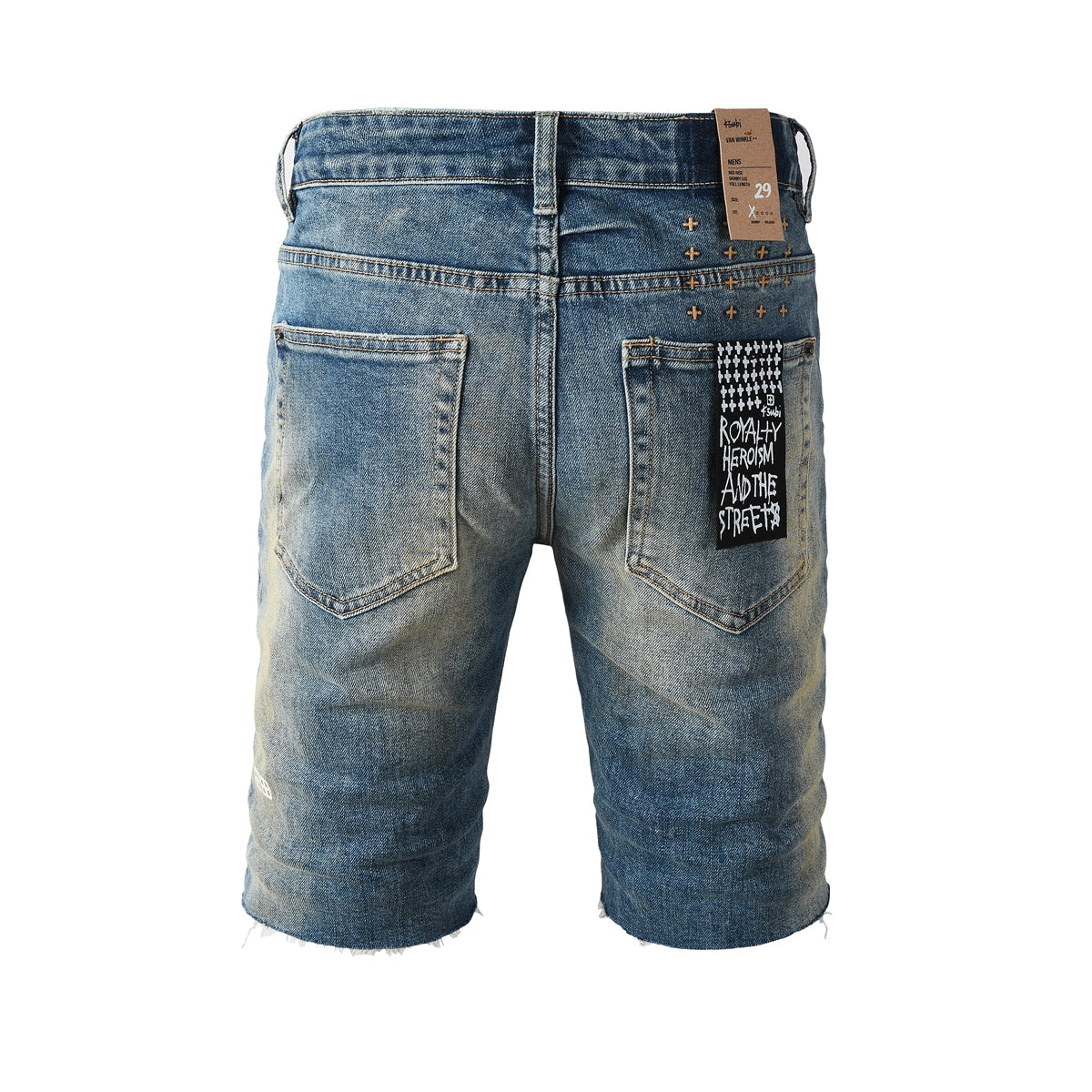 Purple Jeans Men Streetwear Denim Shorts Blue Washed with Ripped Detail Raw Hem and Graphic Patch 2002