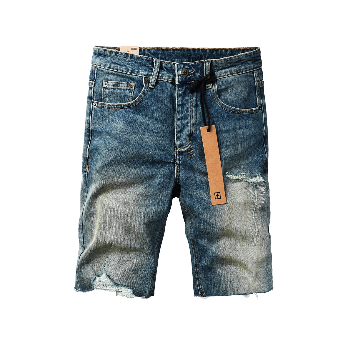 Purple Jeans Men Streetwear Denim Shorts Blue Washed with Ripped Detail Raw Hem and Graphic Patch 2002