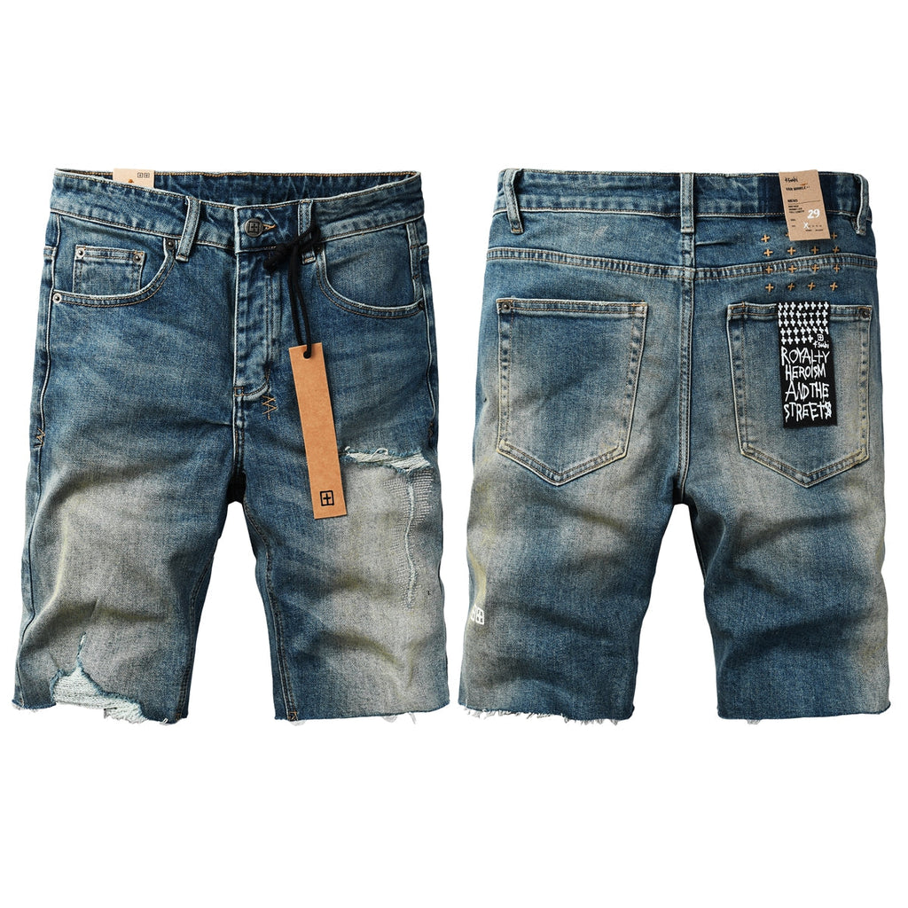 Purple Jeans Men Streetwear Denim Shorts Blue Washed with Ripped Detail Raw Hem and Graphic Patch 2002