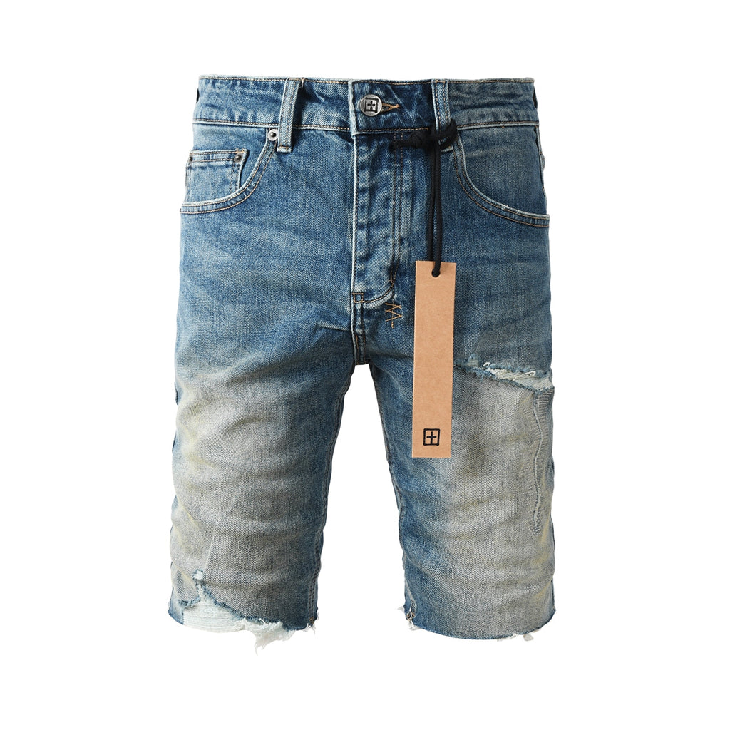 Purple Jeans Men Streetwear Denim Shorts Blue Washed with Ripped Detail Raw Hem and Graphic Patch 2002