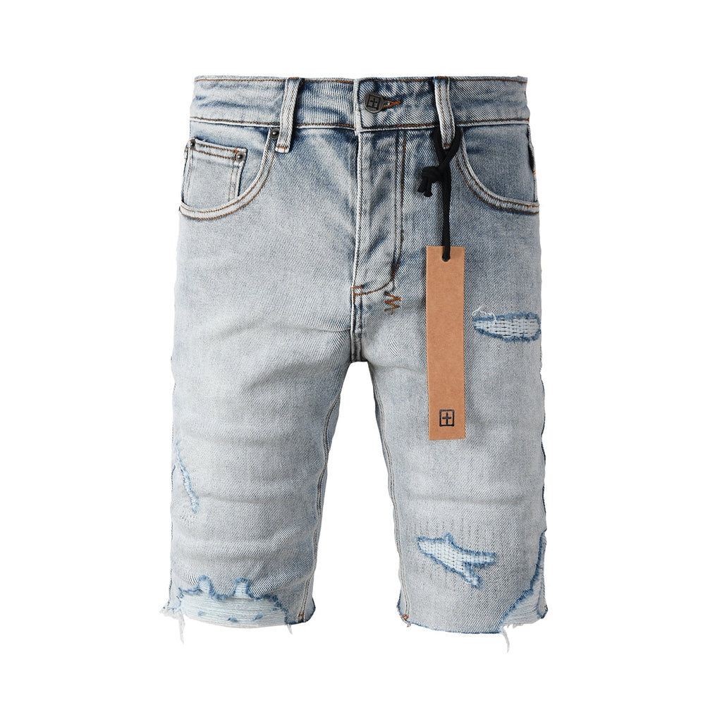 Purple Jeans Men's Vintage Light Wash Ripped Denim Shorts with Raw Cut Hem and Distressed Details 2003