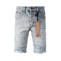 Purple Jeans Men's Vintage Light Wash Ripped Denim Shorts with Raw Cut Hem and Distressed Details 2003