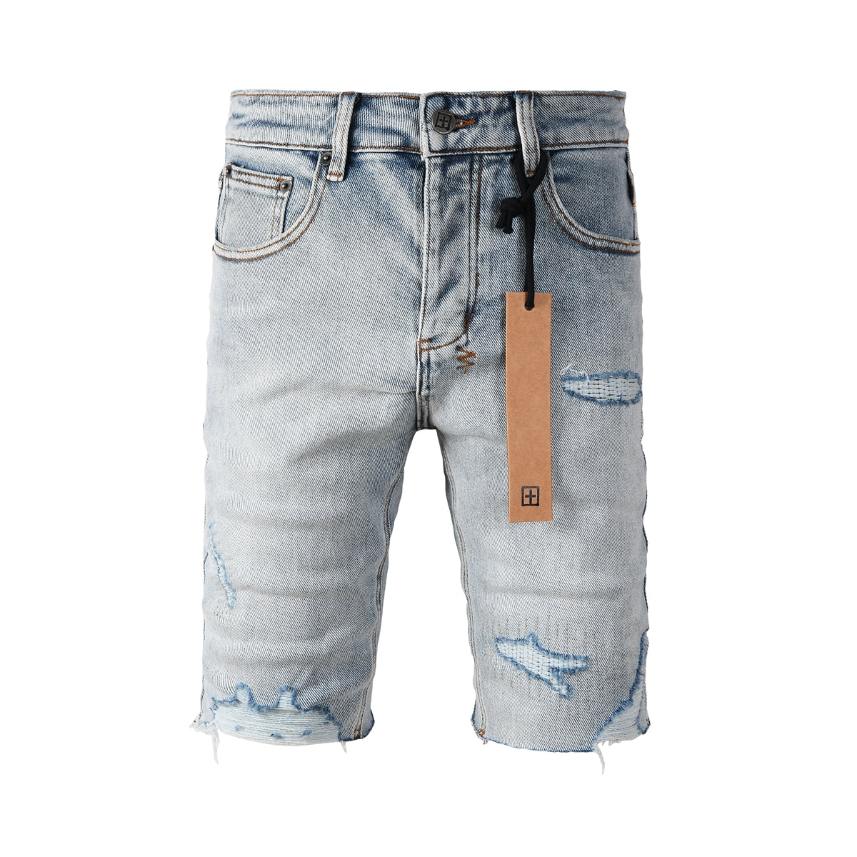 Purple Jeans Men's Vintage Light Wash Ripped Denim Shorts with Raw Cut Hem and Distressed Details 2003