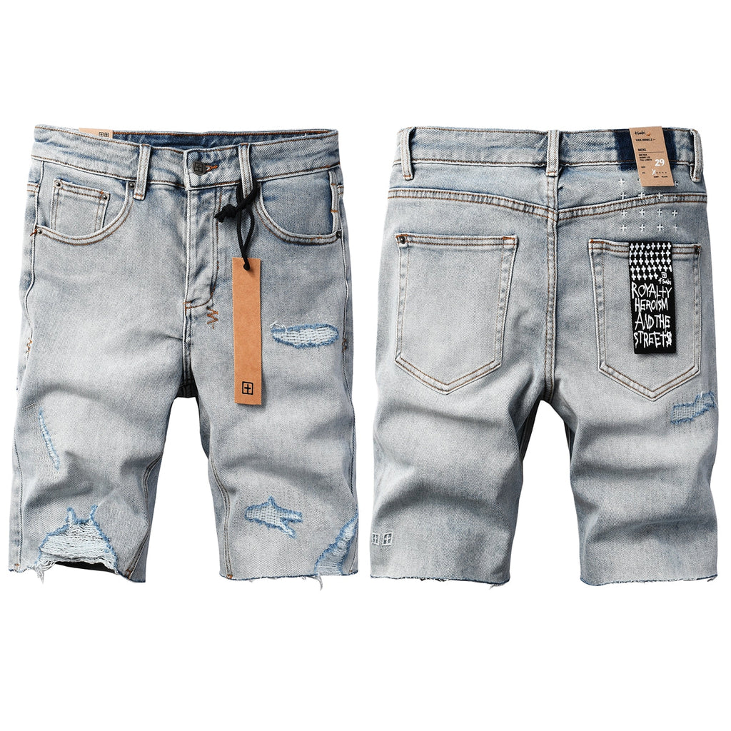 Purple Jeans Men's Vintage Light Wash Ripped Denim Shorts with Raw Cut Hem and Distressed Details 2003