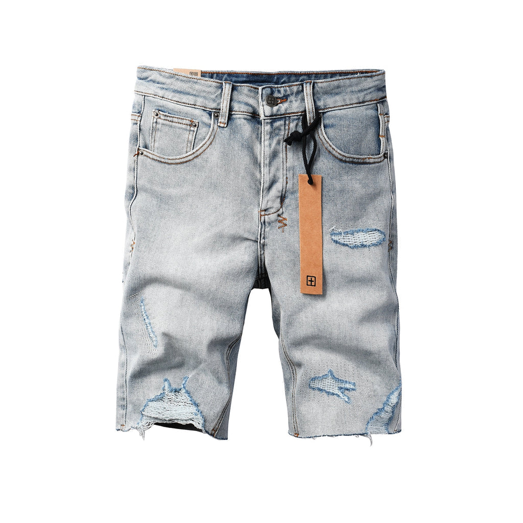 Purple Jeans Men's Vintage Light Wash Ripped Denim Shorts with Raw Cut Hem and Distressed Details 2003