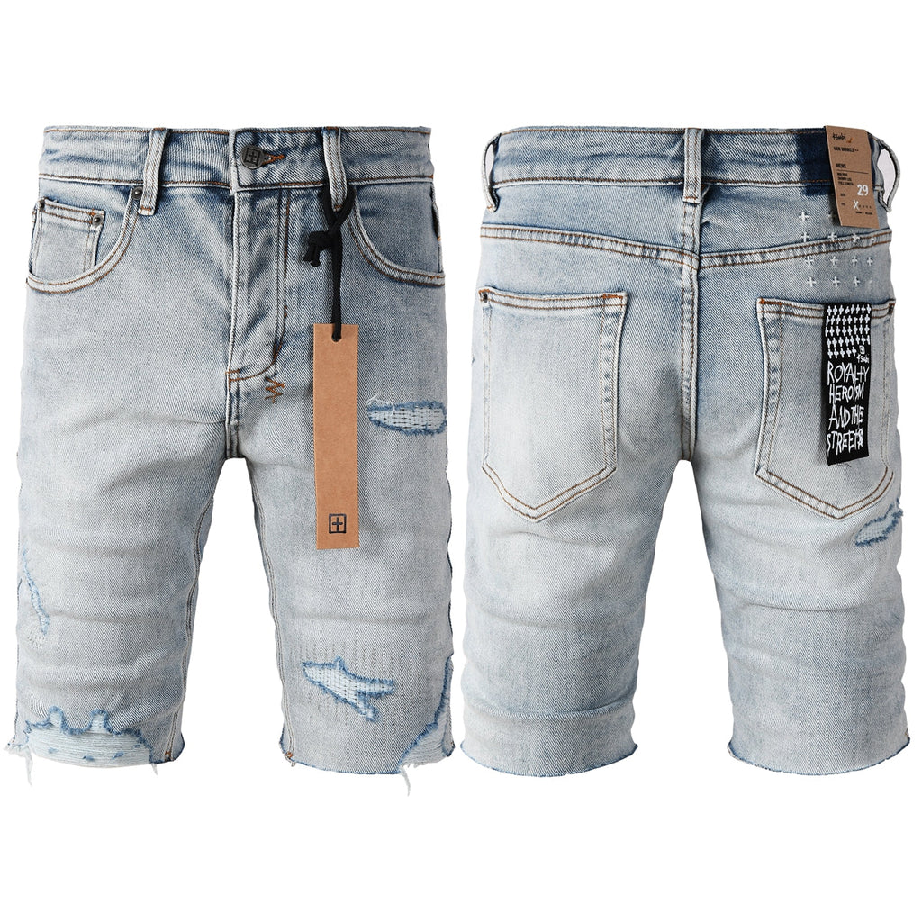 Purple Jeans Men's Vintage Light Wash Ripped Denim Shorts with Raw Cut Hem and Distressed Details 2003