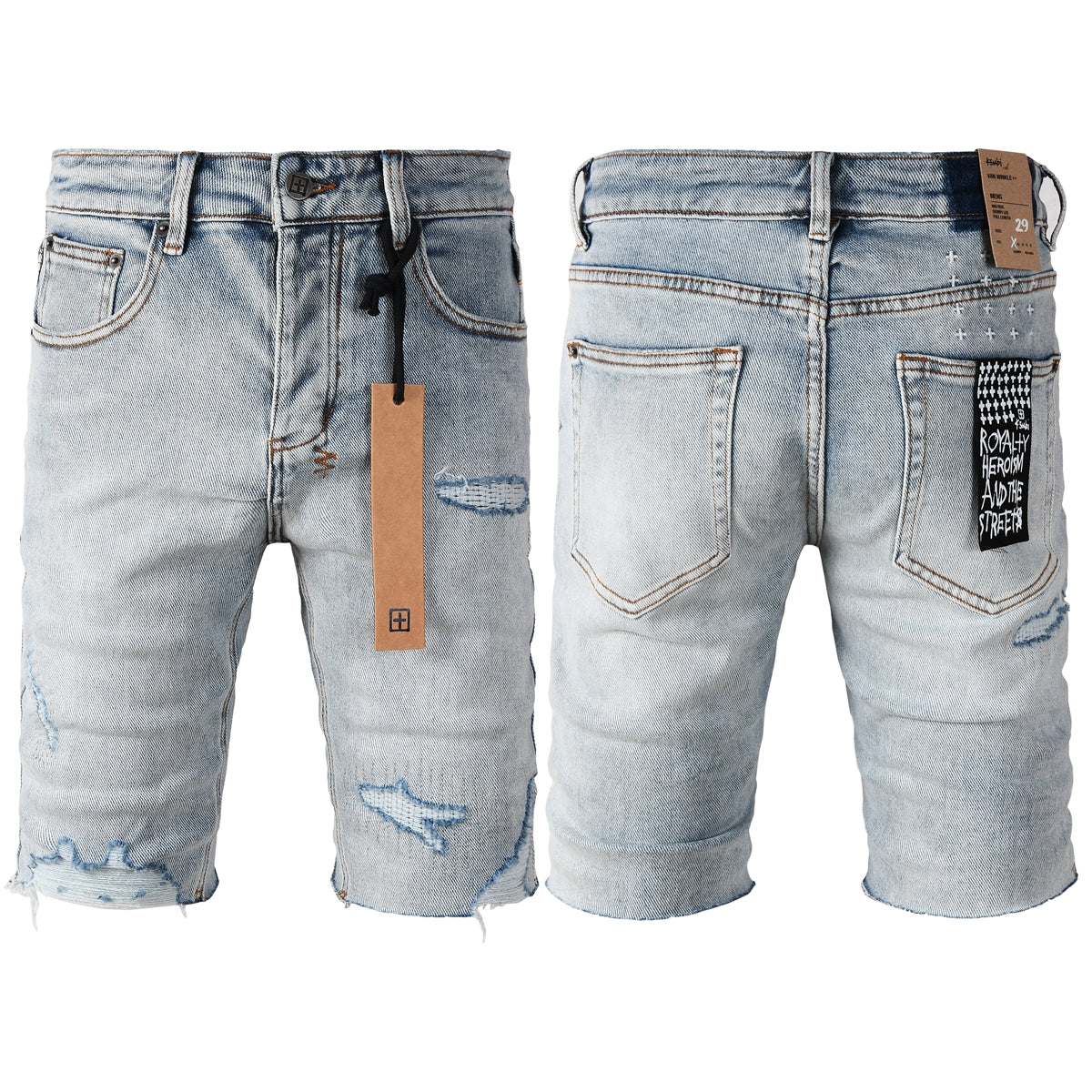Purple Jeans Men's Vintage Light Wash Ripped Denim Shorts with Raw Cut Hem and Distressed Details 2003
