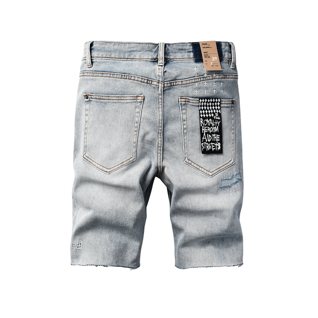 Purple Jeans Men's Vintage Light Wash Ripped Denim Shorts with Raw Cut Hem and Distressed Details 2003