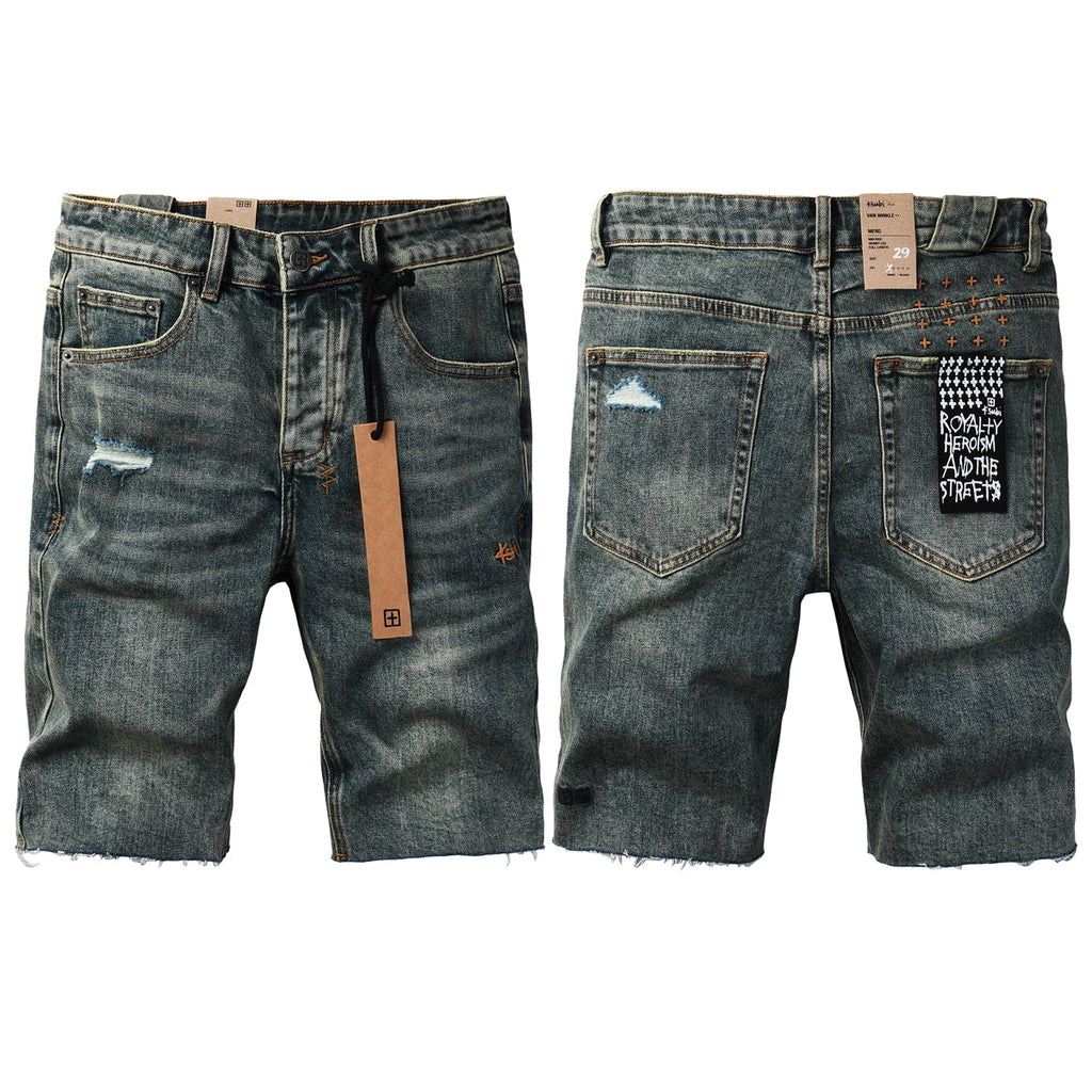 Purple Jeans Men Streetwear Denim Shorts Dark Washed Blue with Distressed Details Raw Hem and Graphic Patch 2004