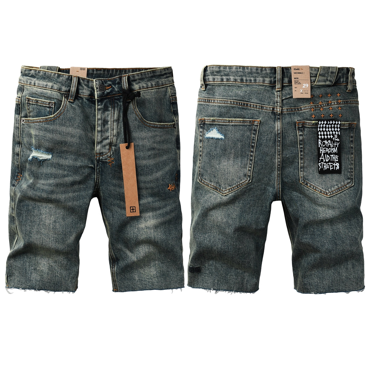 Purple Jeans Men Streetwear Denim Shorts Dark Washed Blue with Distressed Details Raw Hem and Graphic Patch 2004
