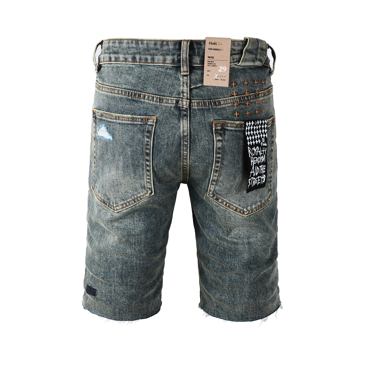 Purple Jeans Men Streetwear Denim Shorts Dark Washed Blue with Distressed Details Raw Hem and Graphic Patch 2004
