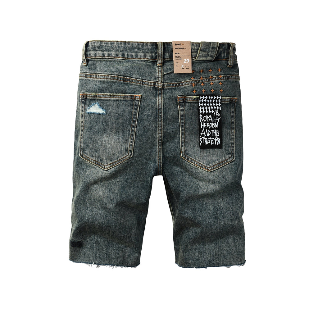 Purple Jeans Men Streetwear Denim Shorts Dark Washed Blue with Distressed Details Raw Hem and Graphic Patch 2004
