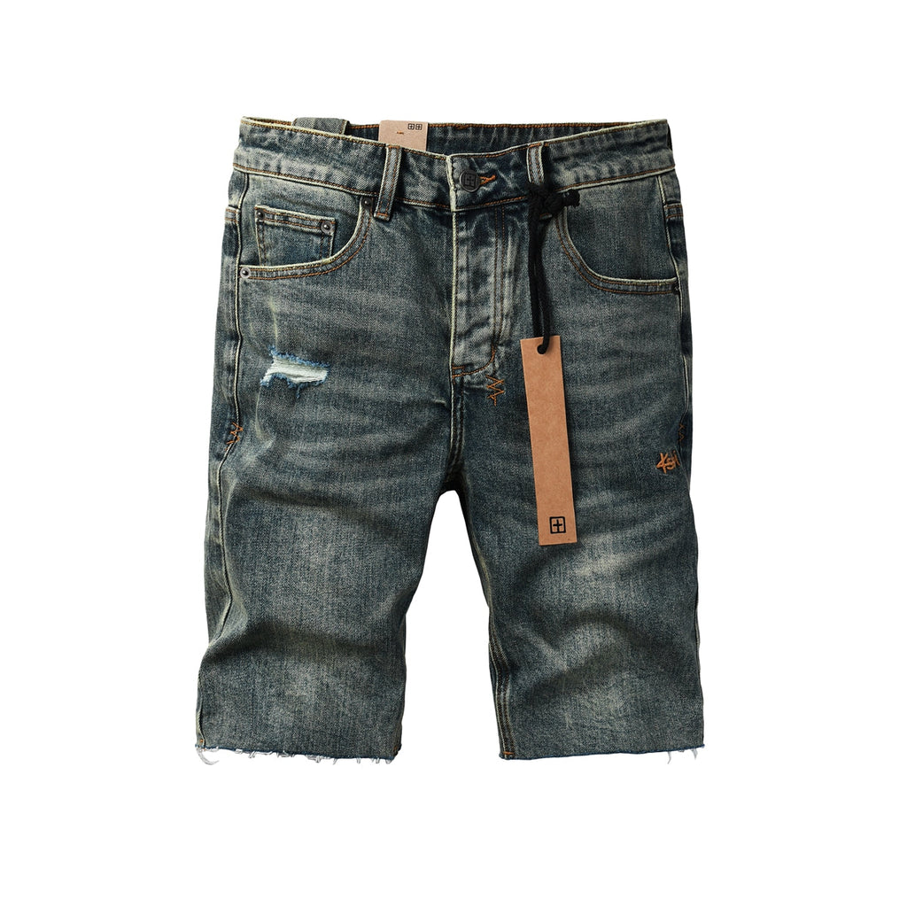 Purple Jeans Men Streetwear Denim Shorts Dark Washed Blue with Distressed Details Raw Hem and Graphic Patch 2004