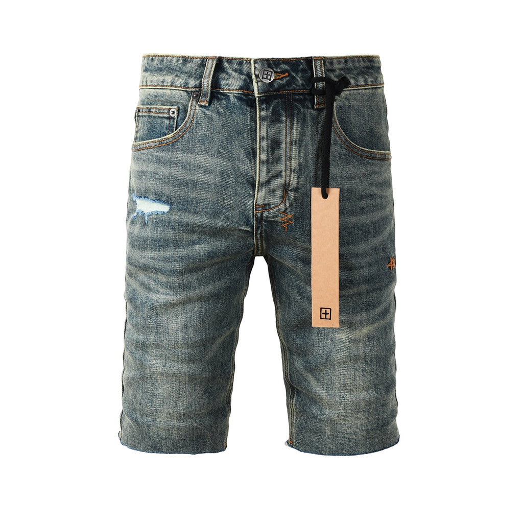 Purple Jeans Men Streetwear Denim Shorts Dark Washed Blue with Distressed Details Raw Hem and Graphic Patch 2004