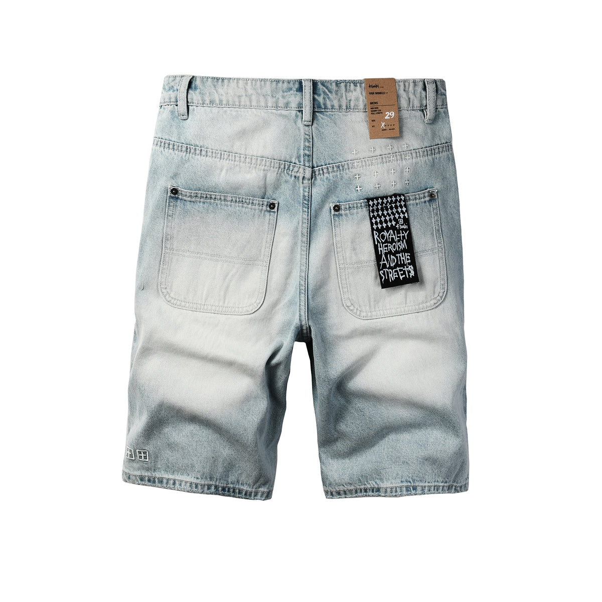 Purple Jeans Men Streetwear Denim Shorts Light Washed Blue with Graphic Patch and Relaxed Fit 2005