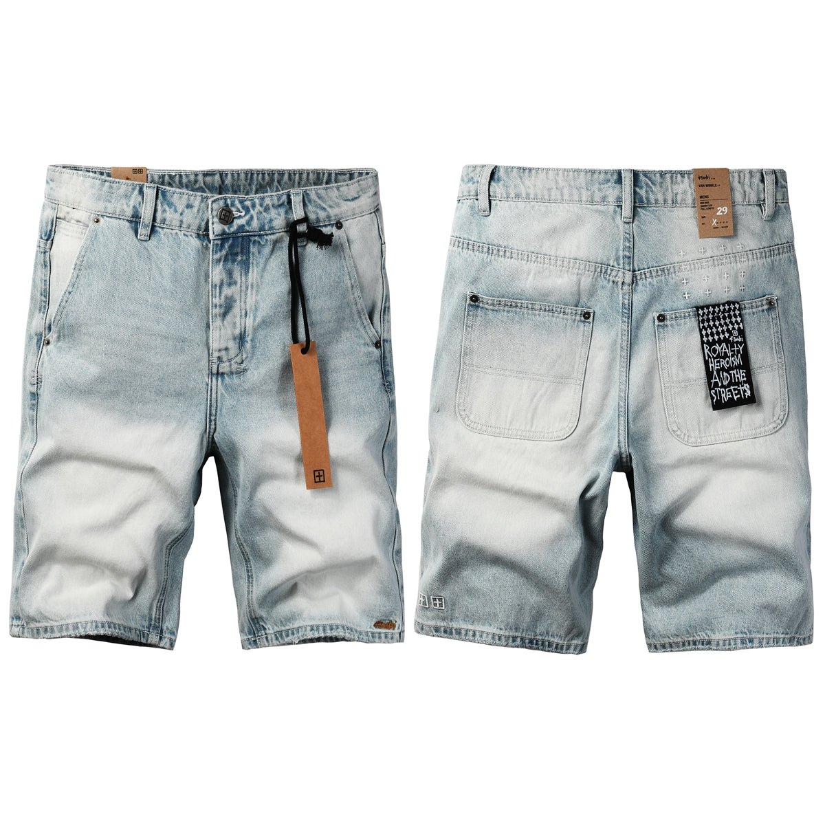 Purple Jeans Men Streetwear Denim Shorts Light Washed Blue with Graphic Patch and Relaxed Fit 2005