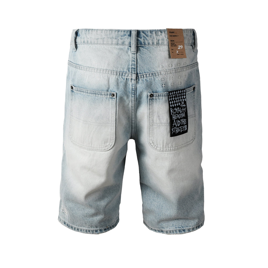 Purple Jeans Men Streetwear Denim Shorts Light Washed Blue with Graphic Patch and Relaxed Fit 2005