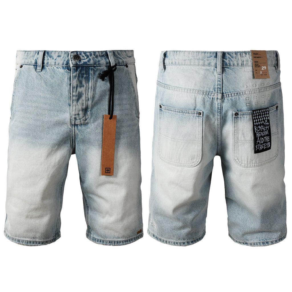 Purple Jeans Men Streetwear Denim Shorts Light Washed Blue with Graphic Patch and Relaxed Fit 2005