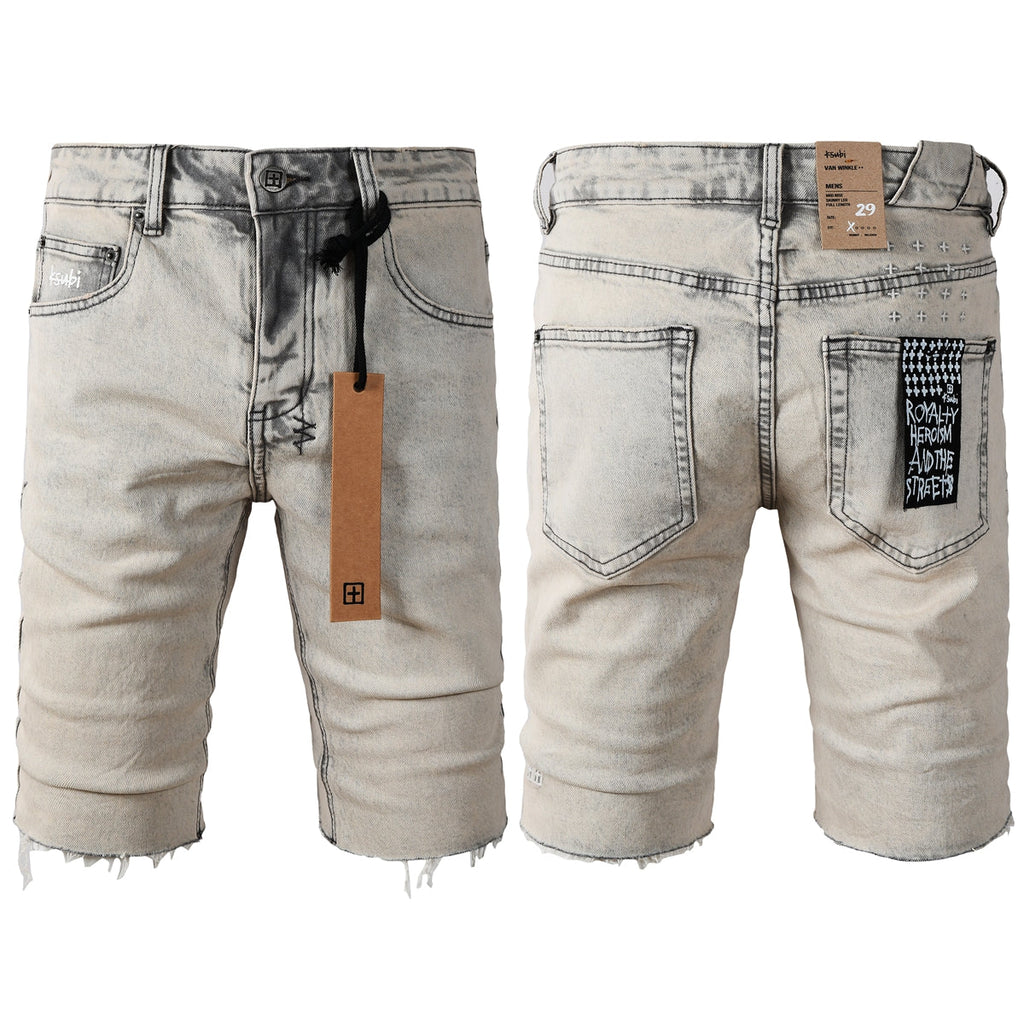 Purple Jeans Men's Washed Beige Denim Shorts with Frayed Hem, Graphic Back Patch, and Urban Streetwear Detailing 2008