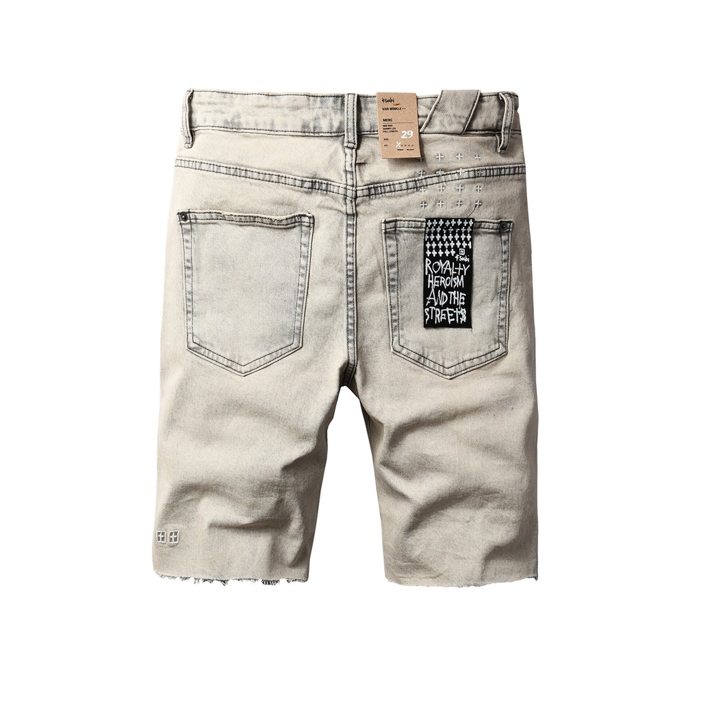 Purple Jeans Men's Washed Beige Denim Shorts with Frayed Hem, Graphic Back Patch, and Urban Streetwear Detailing 2008