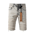 Purple Jeans Men's Washed Beige Denim Shorts with Frayed Hem, Graphic Back Patch, and Urban Streetwear Detailing 2008