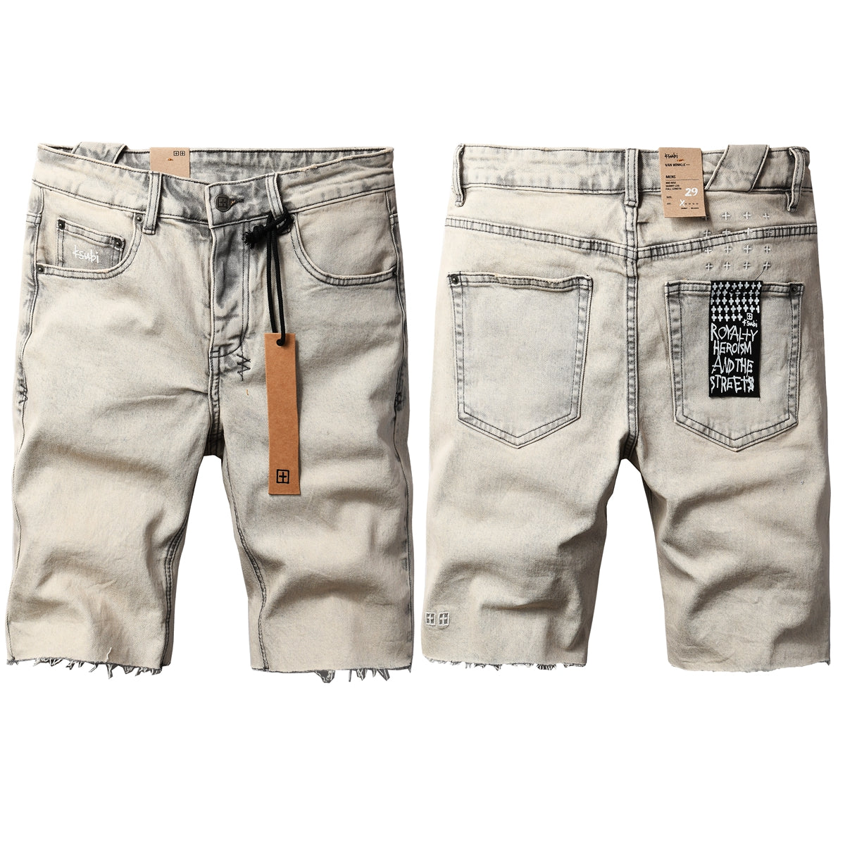 Purple Jeans Men's Washed Beige Denim Shorts with Frayed Hem, Graphic Back Patch, and Urban Streetwear Detailing 2008