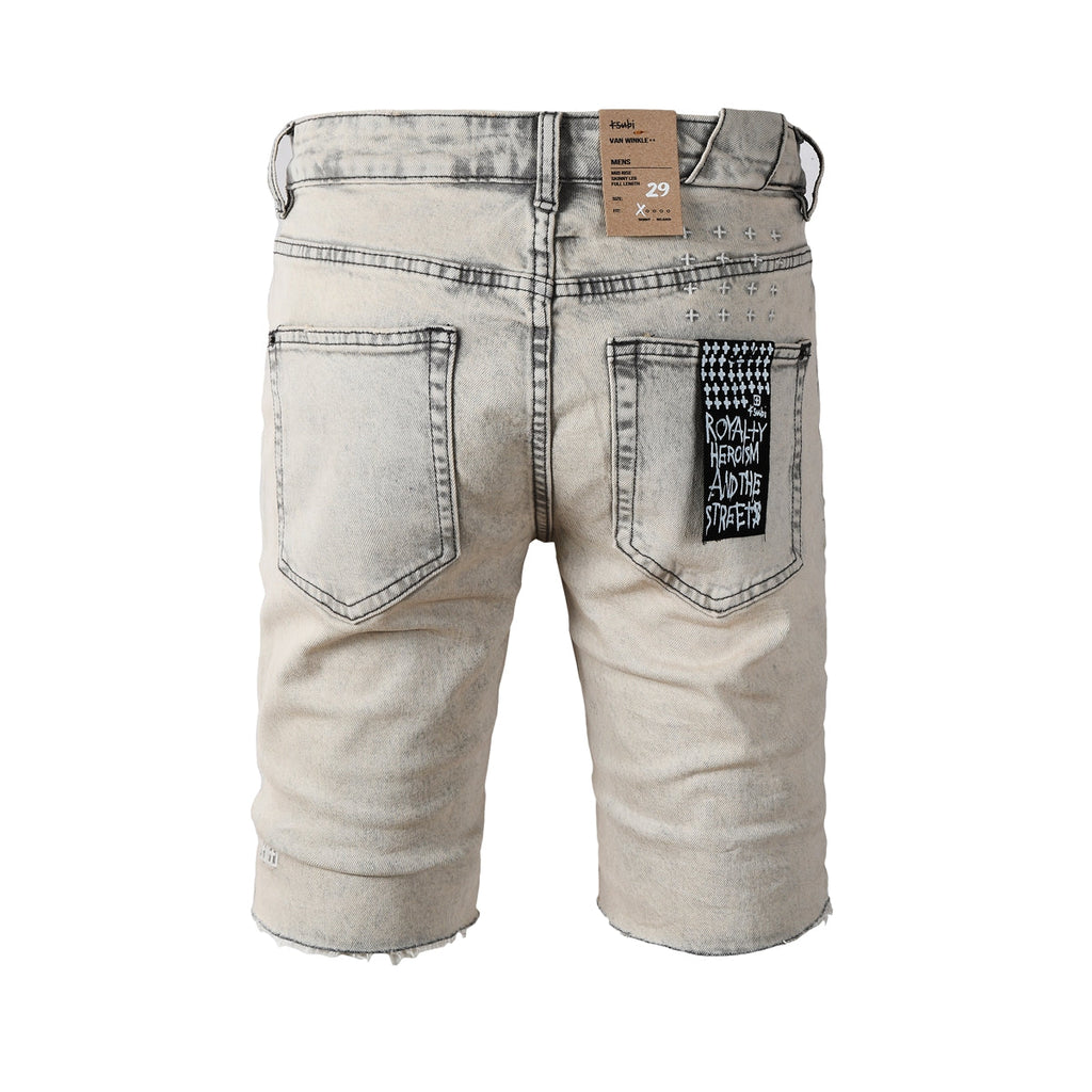 Purple Jeans Men's Washed Beige Denim Shorts with Frayed Hem, Graphic Back Patch, and Urban Streetwear Detailing 2008