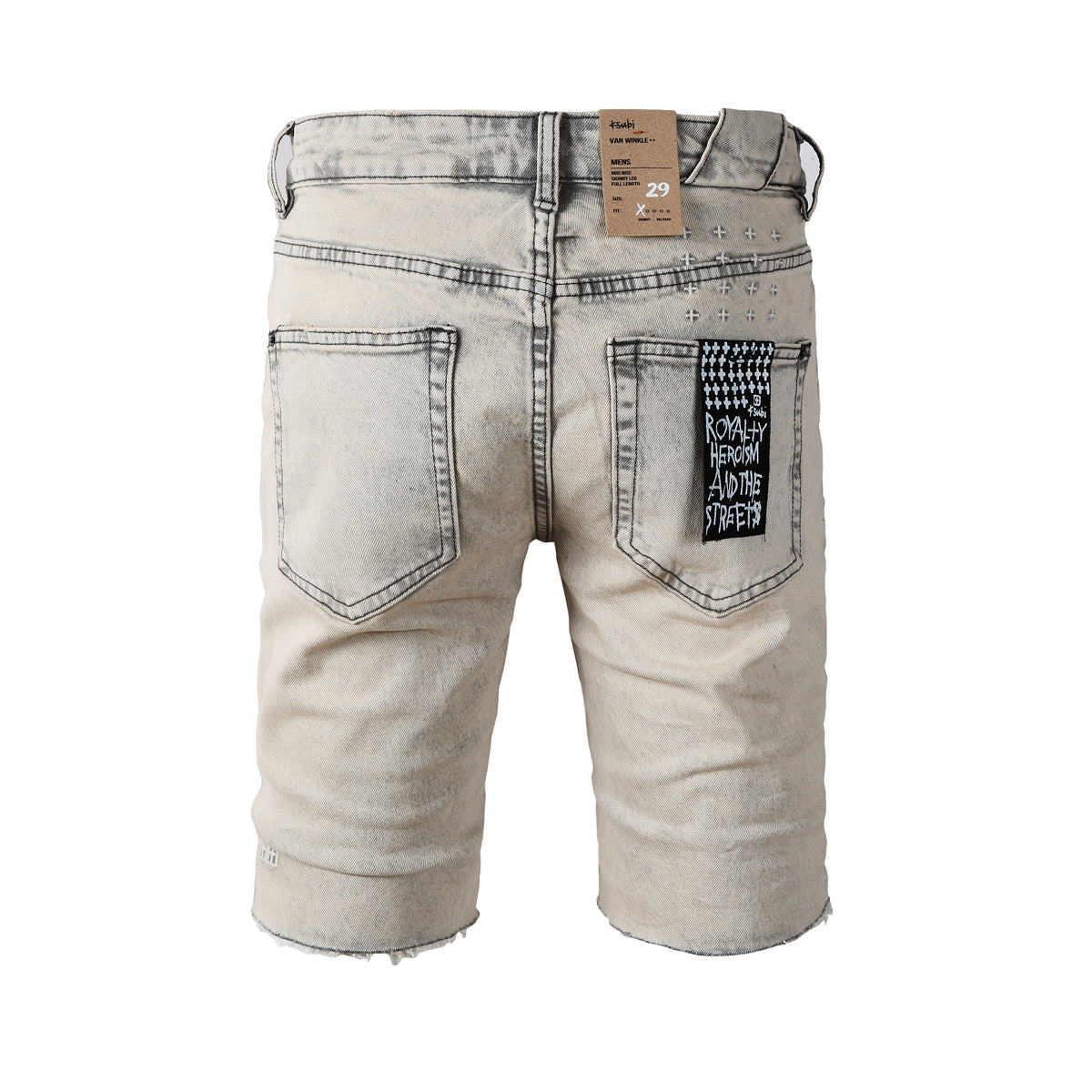 Purple Jeans Men's Washed Beige Denim Shorts with Frayed Hem, Graphic Back Patch, and Urban Streetwear Detailing 2008