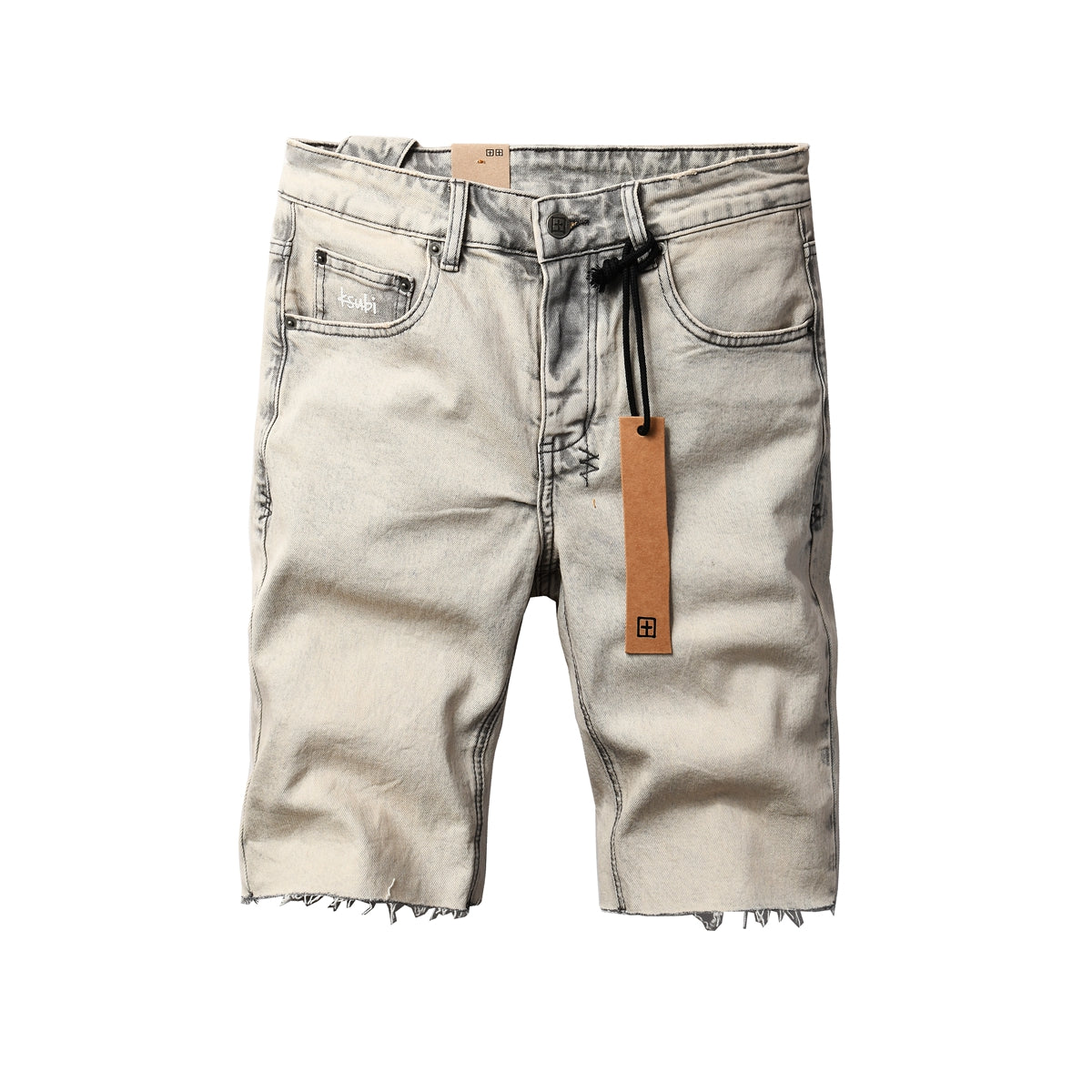 Purple Jeans Men's Washed Beige Denim Shorts with Frayed Hem, Graphic Back Patch, and Urban Streetwear Detailing 2008