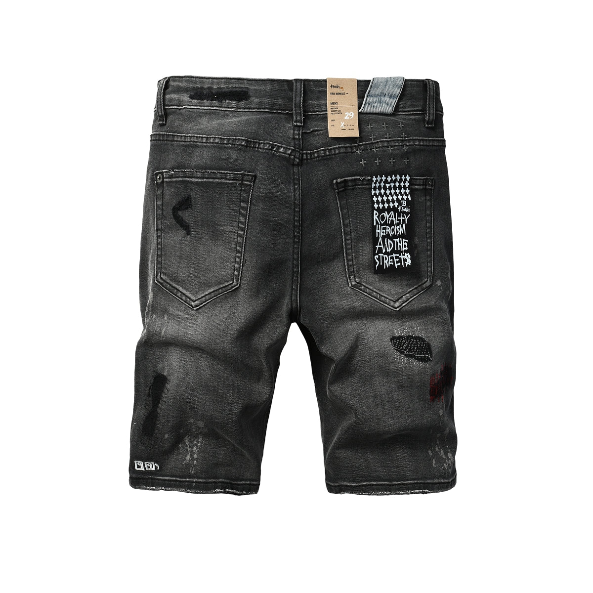 Purple jeans Men's Washed Black Distressed Denim Shorts with Graffiti Patchwork and Urban Street Style Detailing 2009