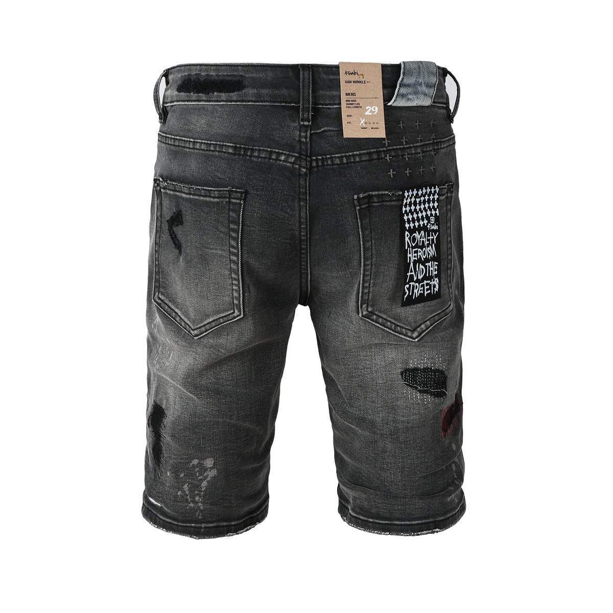 Purple jeans Men's Washed Black Distressed Denim Shorts with Graffiti Patchwork and Urban Street Style Detailing 2009