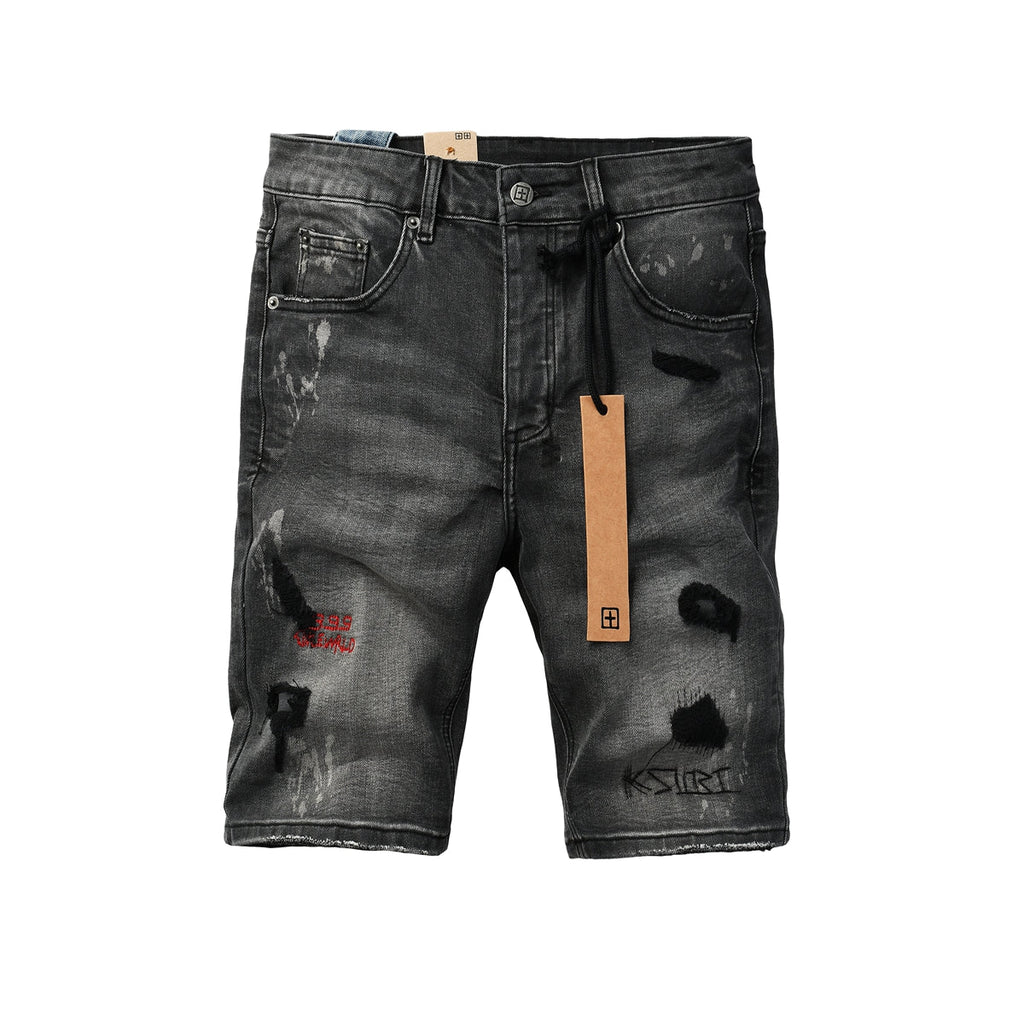 Purple jeans Men's Washed Black Distressed Denim Shorts with Graffiti Patchwork and Urban Street Style Detailing 2009