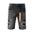 Purple jeans Men's Washed Black Distressed Denim Shorts with Graffiti Patchwork and Urban Street Style Detailing 2009